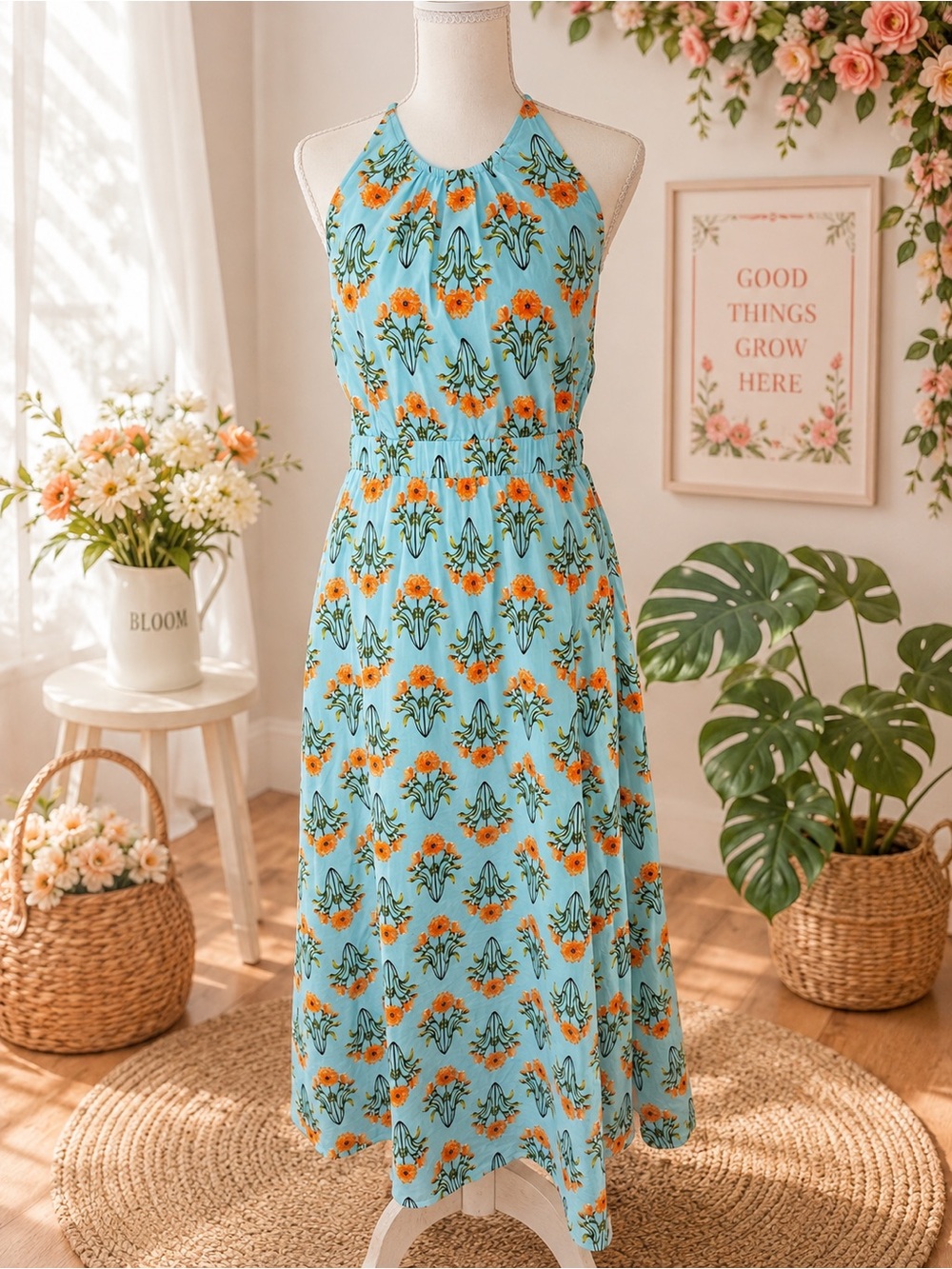 Moon River Blue Orange Floral Halter Maxi Dress Size M